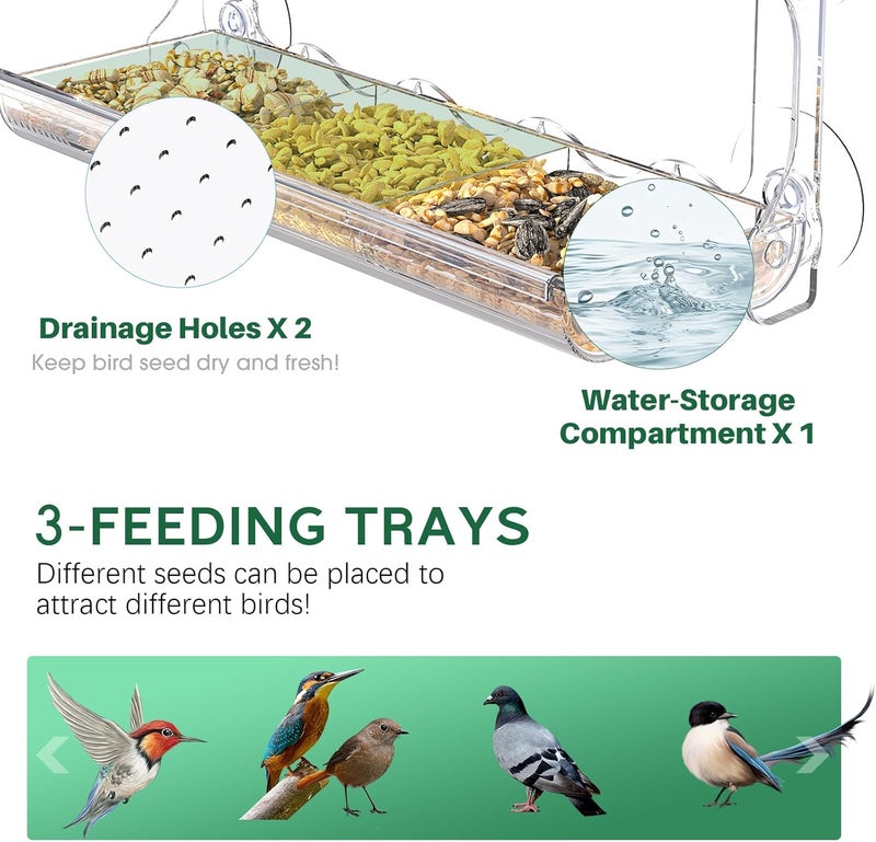 SUNALLY Window Bird Feeder for Outdoors, Clear Bird Feeders Window Mounted with Strong Suction Cups, Transparent Birds House Outside Wild Watching for Garden, Yard, Elderly Kids Viewing - Image 3